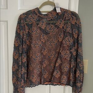 LOFT Navy Floral Lace Long Sleeve Blouse